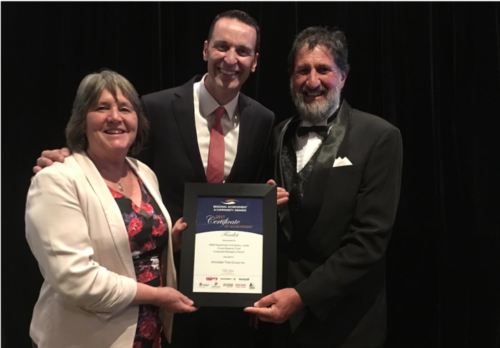 Kerry and David Steller with Daniel Gibson (Prime 7) with the finalist plaque at the Awards night in Newcastle last November. 