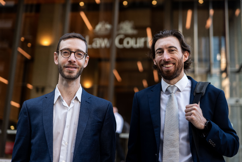 Parents for Climate CEO, Nic Seton, and Equity Generation Lawyers Principal Lawyer, David Hertzberg outside the court